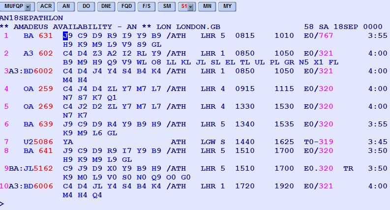 Viewing flight availability from Athens to London using Amadeus