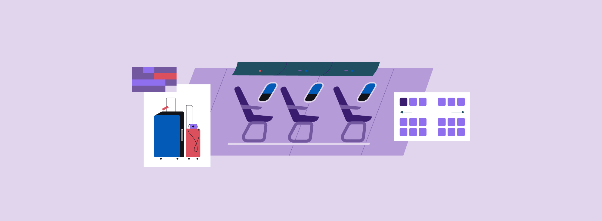 Image of travel luggage, seats on an aircraft and a seat selection map