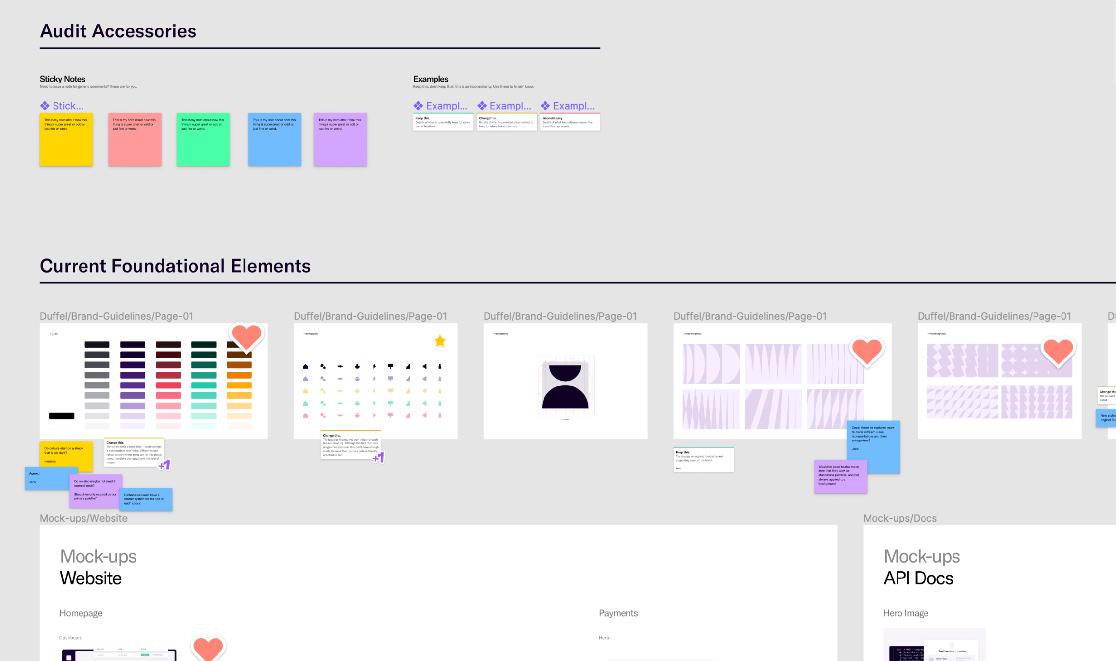 Figma screenshot of the Duffel brand audit: colours, icons, patterns