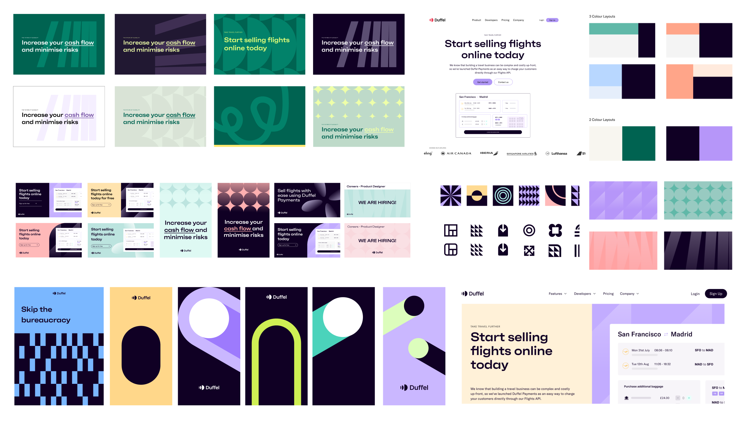 Screenshots of various iterations of brand colours, shapes, type styles