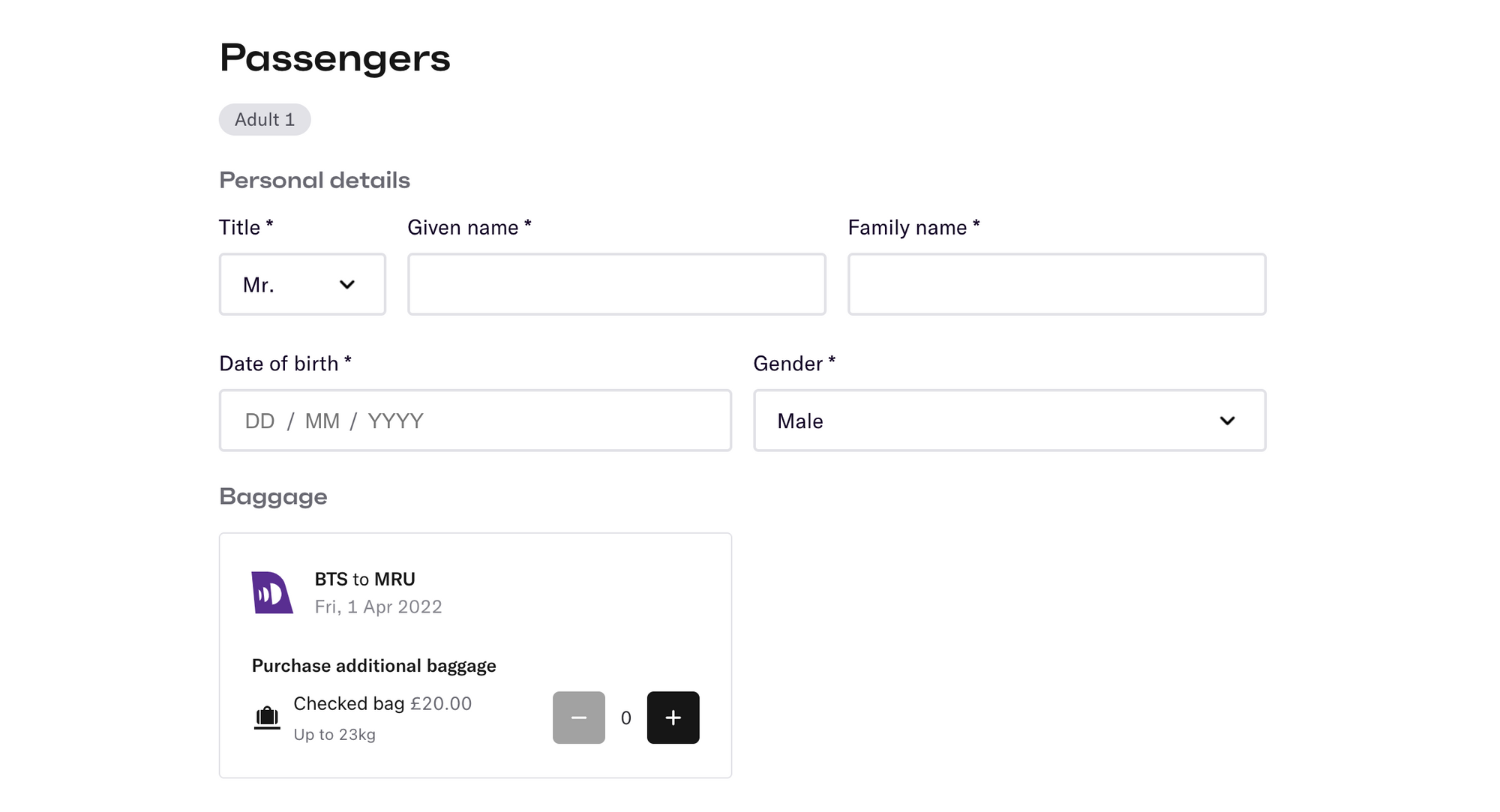 Additional baggage component embedded into the passenger booking form with example flight and baggage details