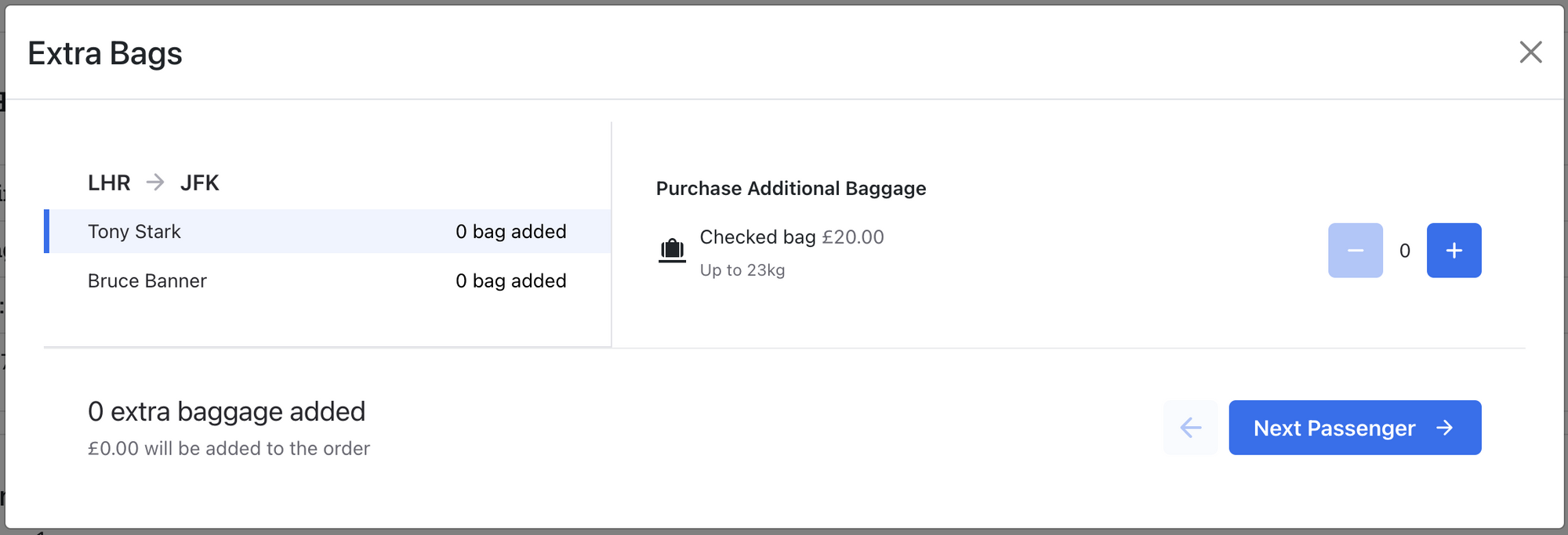 Additional baggage component modal with example flight and baggage details