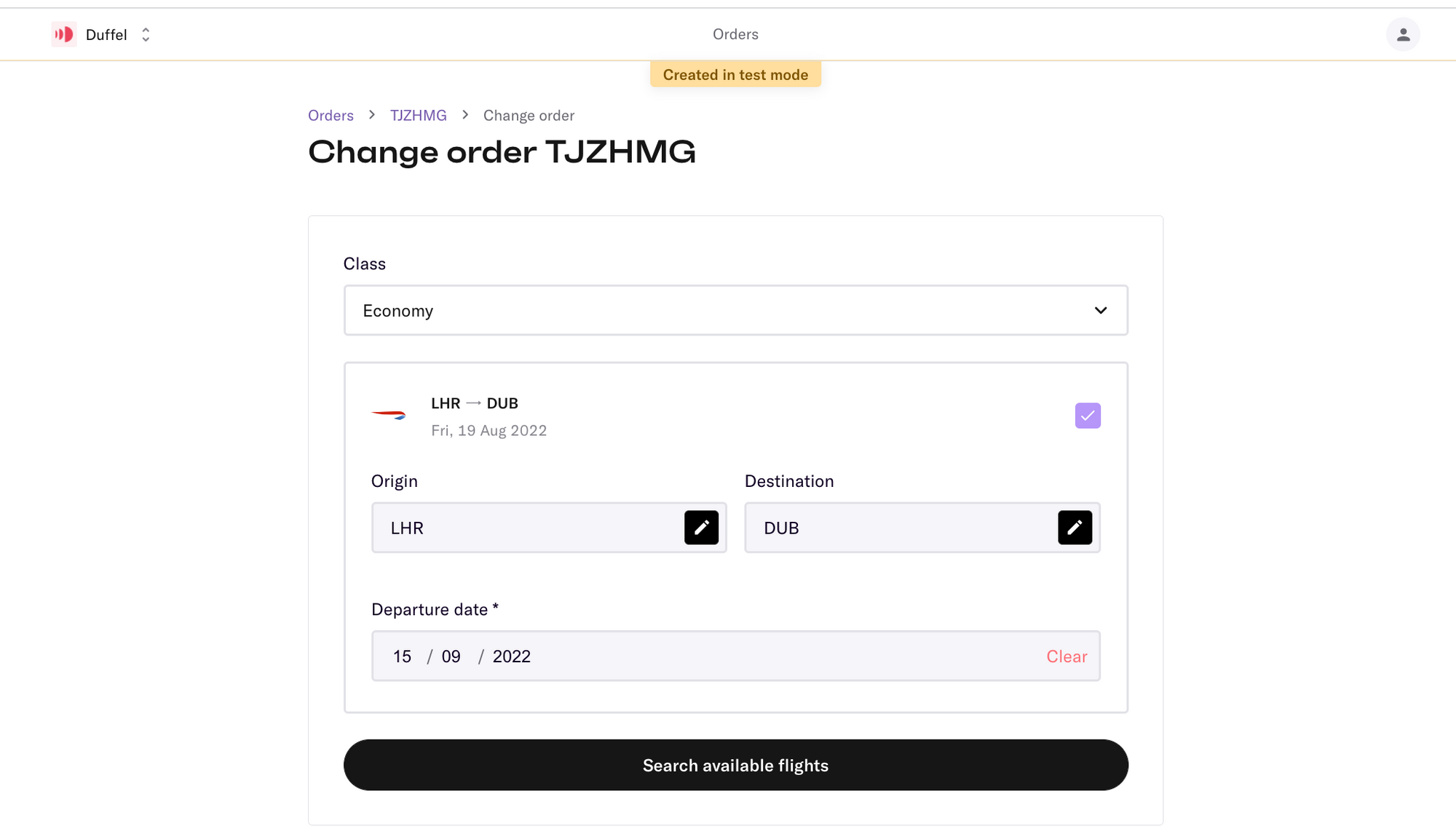 An example of a 'change order' form with options to update origin, destination, and departure date.