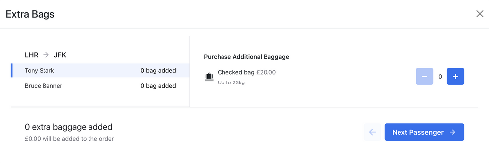 Modal to manage extra bags with details of price and weight