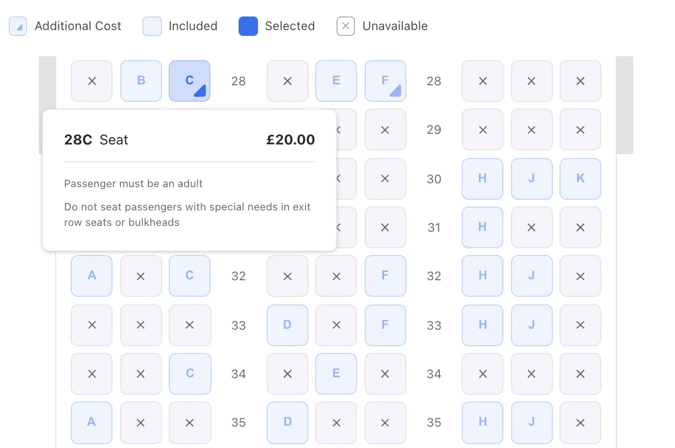 Plane seat map including availability and seat price