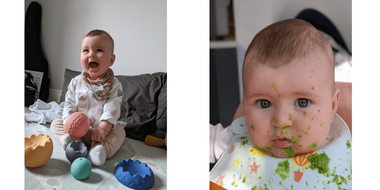 Jon's baby playing with toys and with food on his face.