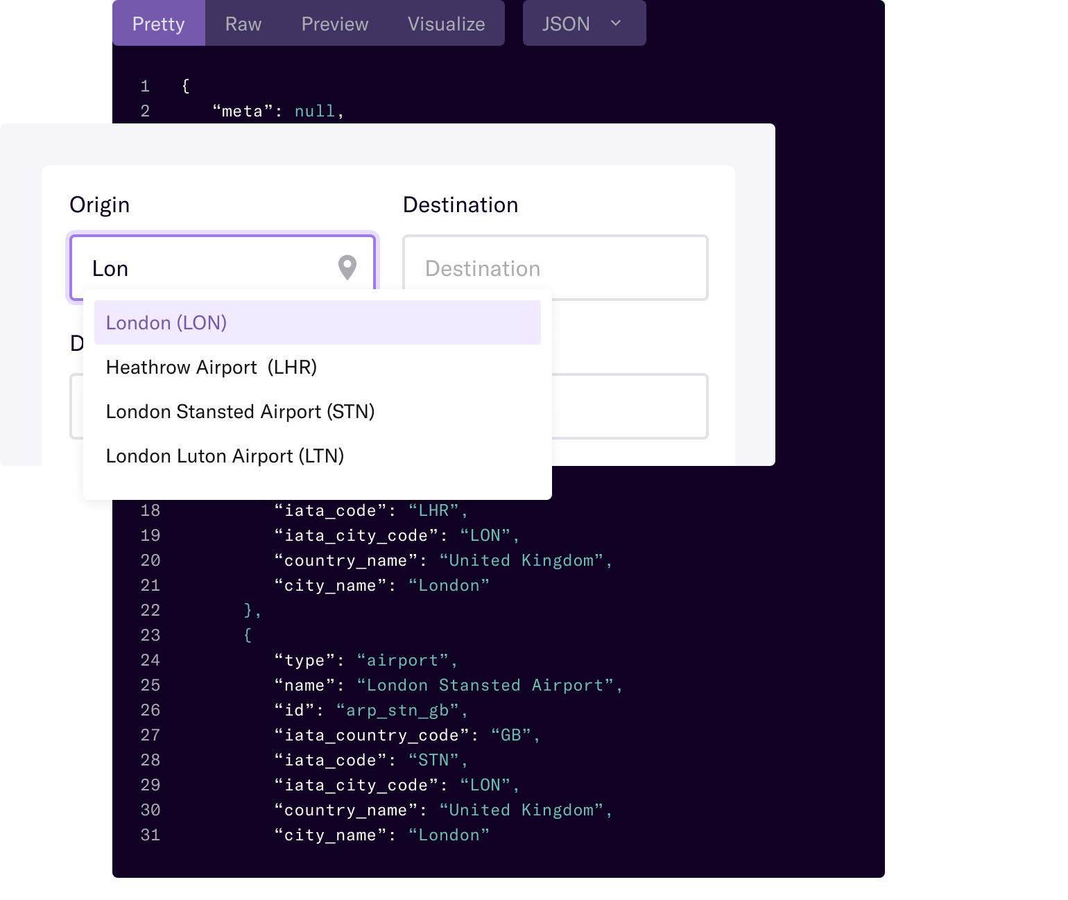 Code snippet and visual component showing an example place search for ‘Lon’