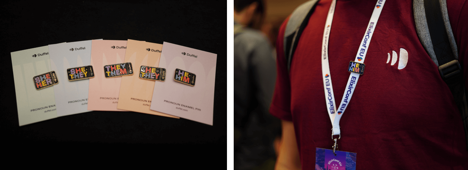 Pronoun pins on the table and on a t-shirt with assorted pronouns 