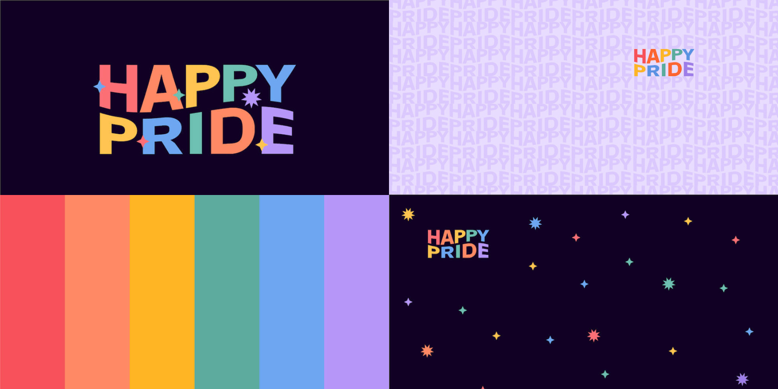 Four Pride-themed illustrations with rainbow colours and 'Happy Pride' text