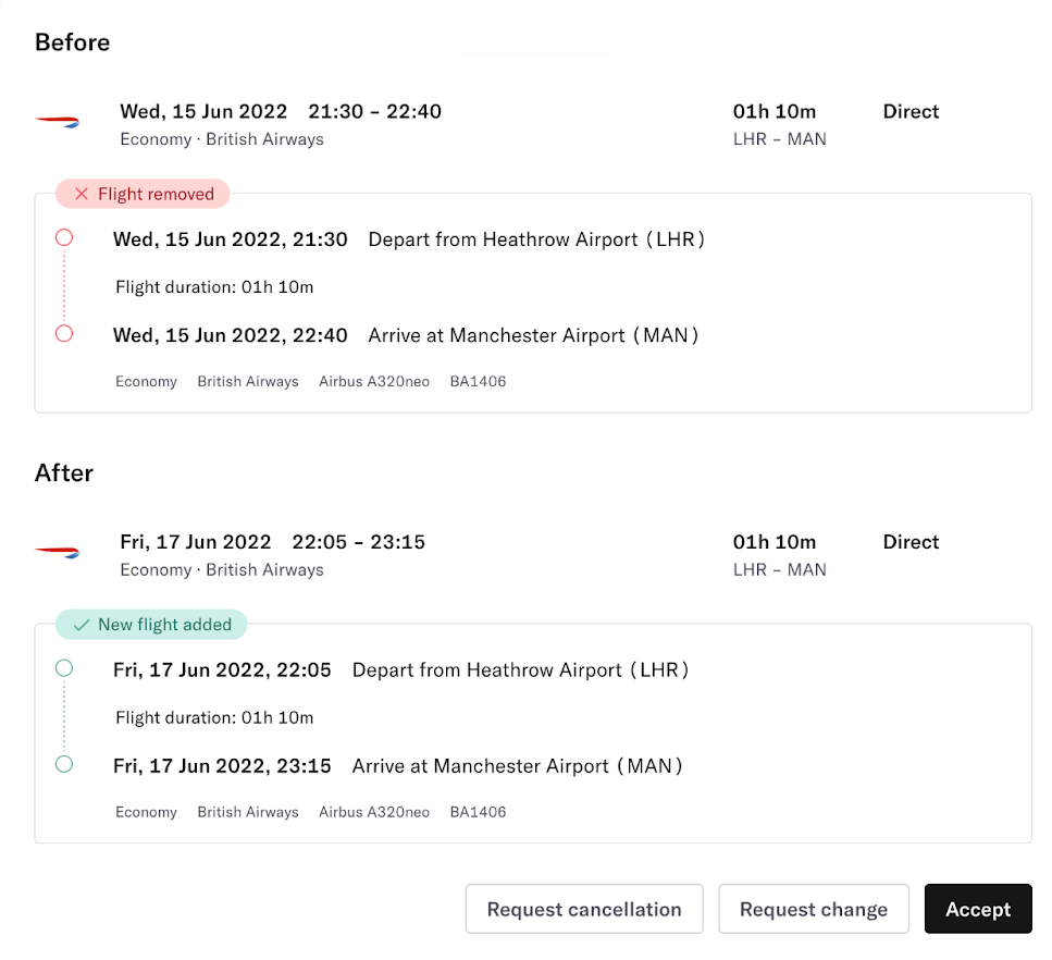 Details of an old and new flight in the Duffel Dashboard