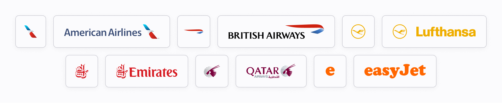 Logo marks and lockups for American Airlines, British Airways, Lufthanas, Emirates, Qatar, and easyJet.
