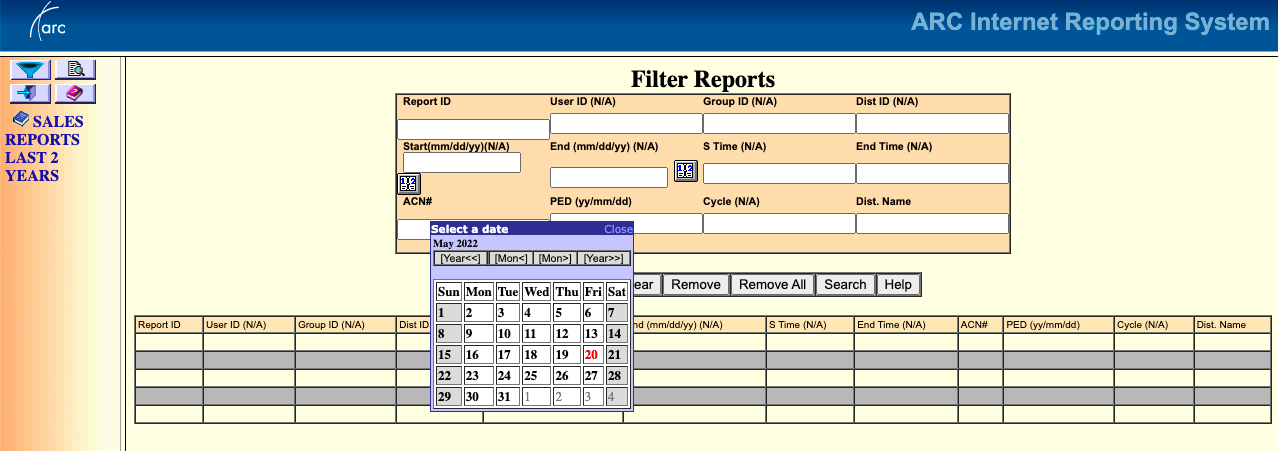 The user interface for filtering ARC financial reports.