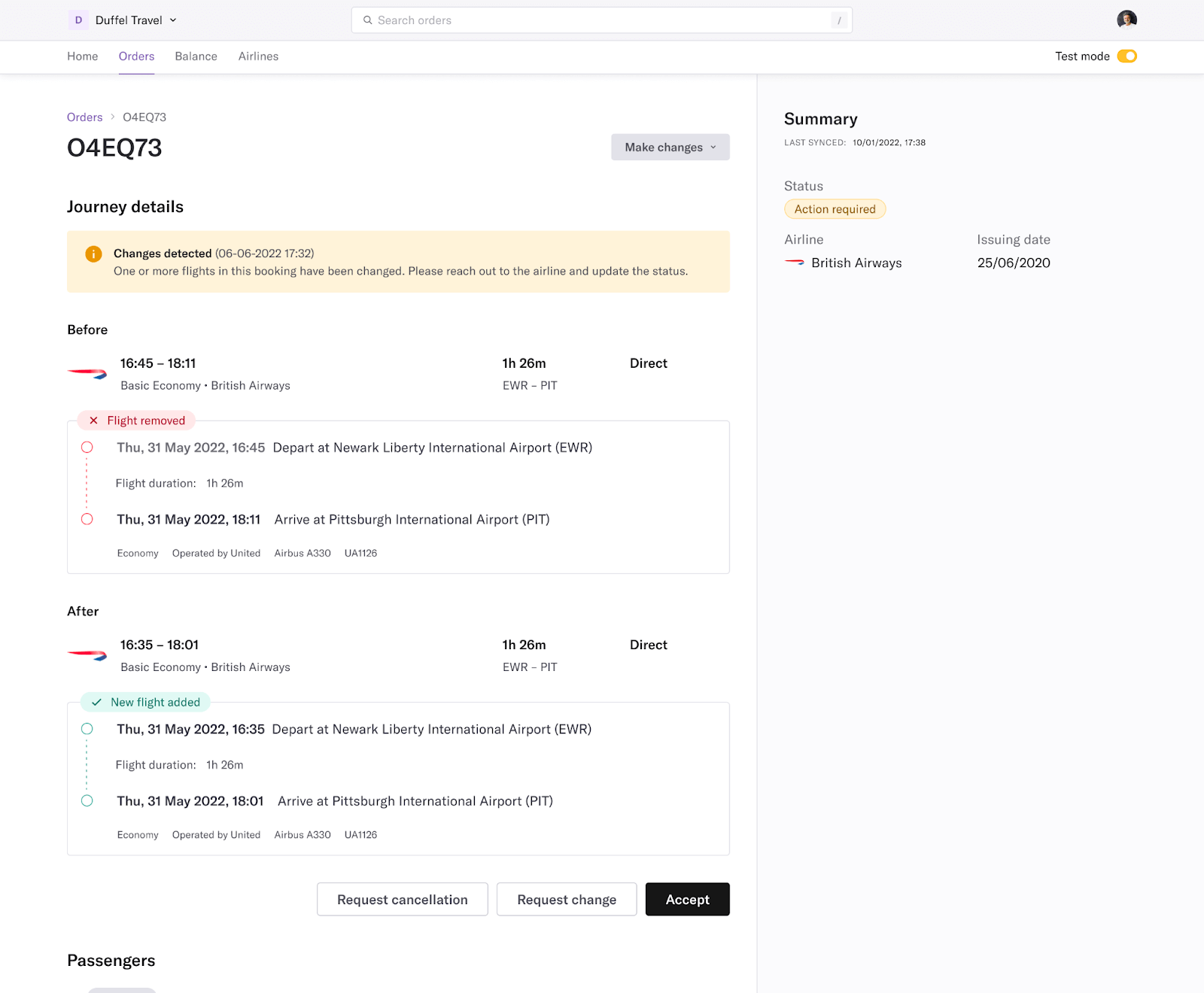 An example booking with time, date, and location details of a removed and added flight.