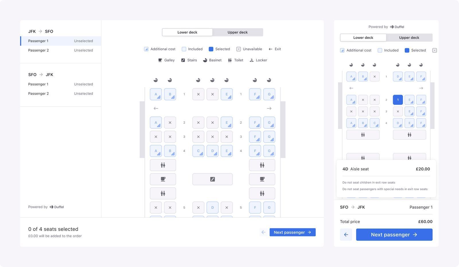 The prebuilt Seat Map component with an example flight from JFK to SFO showing available seats and plane cabin icons for galley, stairs, basinet, toilet, and locker.