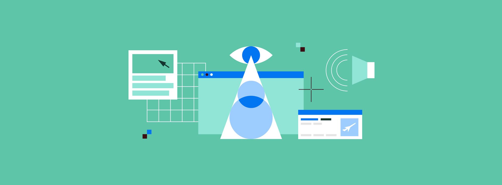 Visual representation of web accessibility elements including a web browser, speaker, eye, and cursor